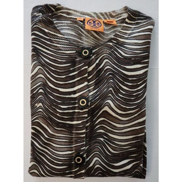 Tory Burch Women Sz S Brown Zebra Print Merino Wool Peplum Cardigan Sweater $398 - Picture 8 of 8